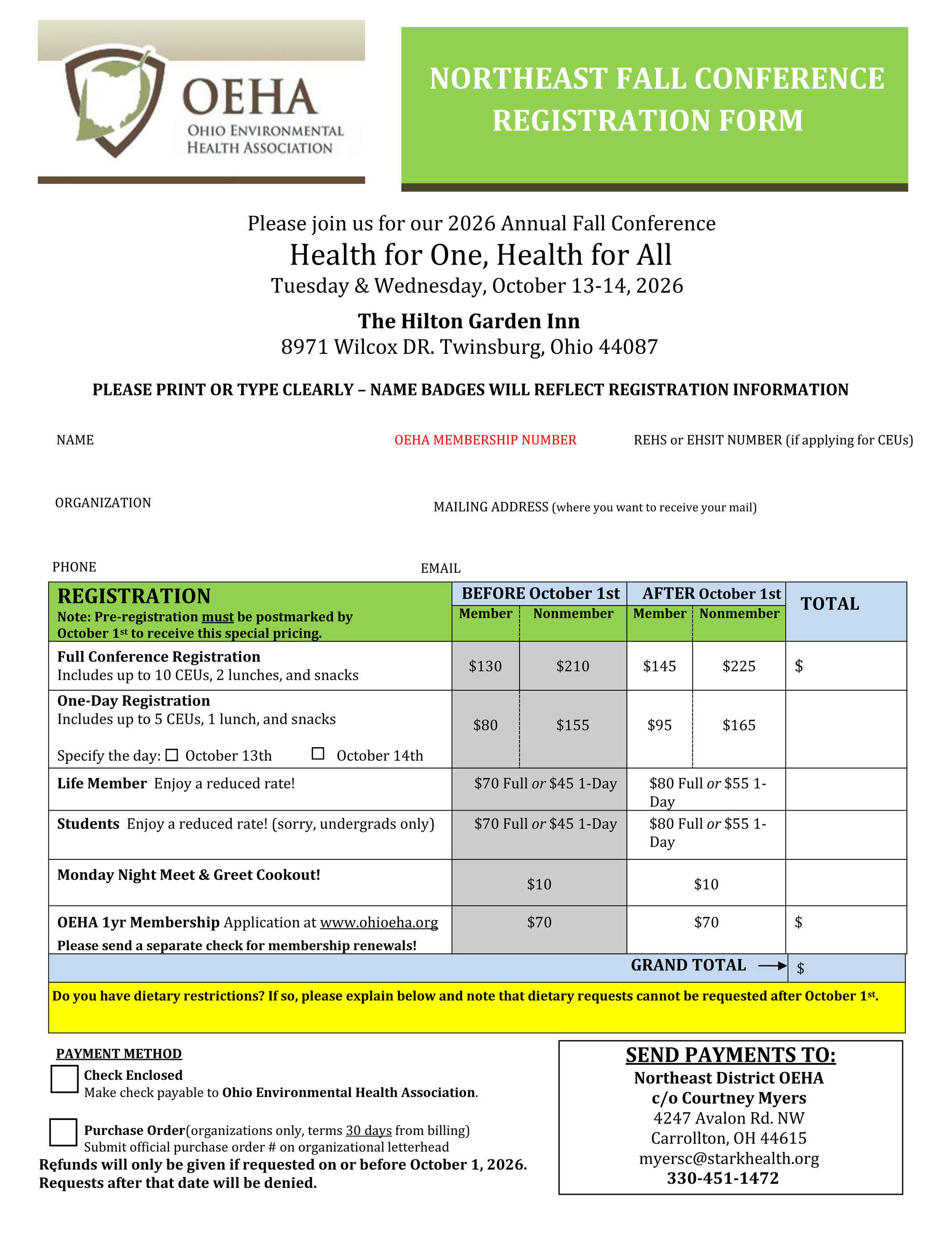 NEOEHA Conference Registration Fillable PDF